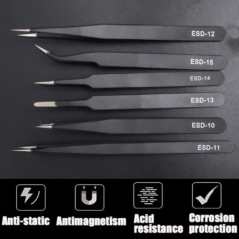 1-6Pcs Precision Tweezers Set ESD Anti-Static Stainless Steel Tweezers Repair Tools for Electronics Repair Soldering Craft Tools