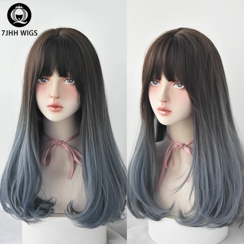 7JHHWIGS Long Straight Black Ombre Ash Wig With Bangs For Women Daily Fashion Synthetic Loose Colorful Hair Wigs Burgundy Wig