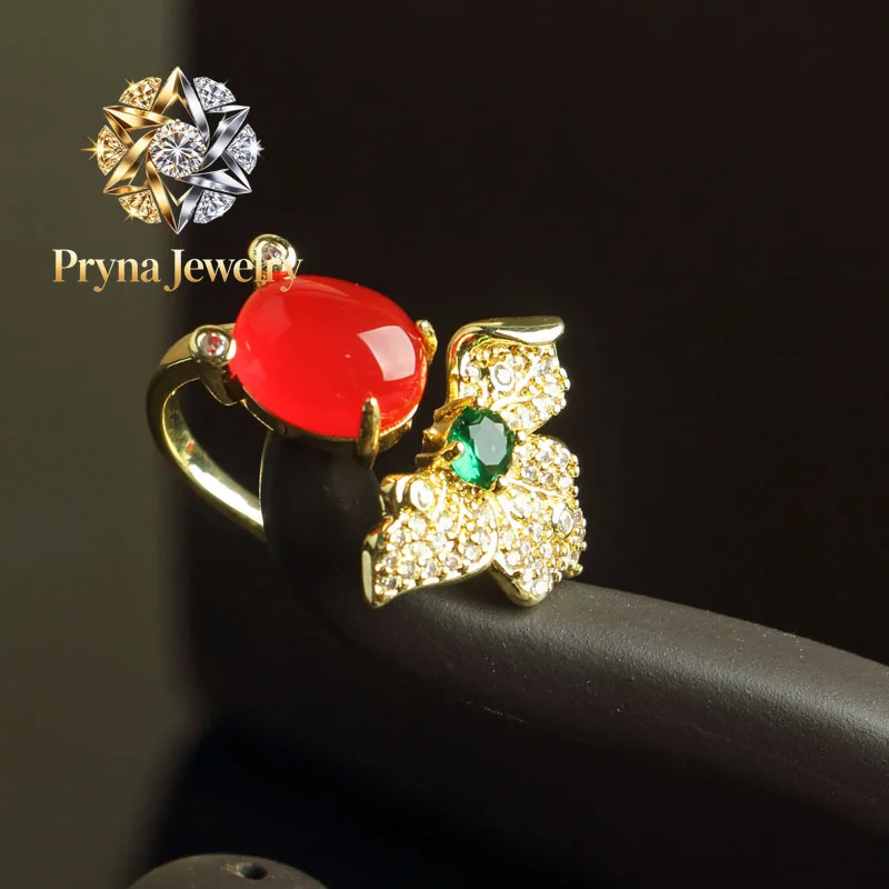 

Pryna Jewelry Natural green chalcedony ancient gold ring imperial green luxury inlaid female ring