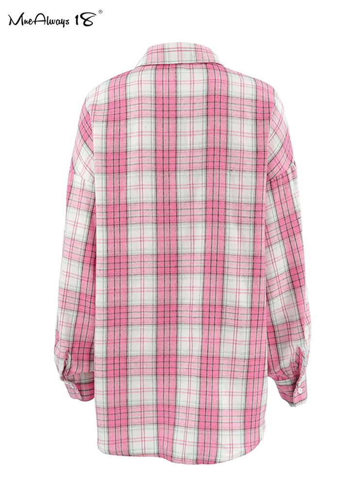 Mnealways18 Pink Casual Oversize Checked Shirts Women Turn Down Collar Street Style Button Ladies Blouses And Tops Autumn 2024