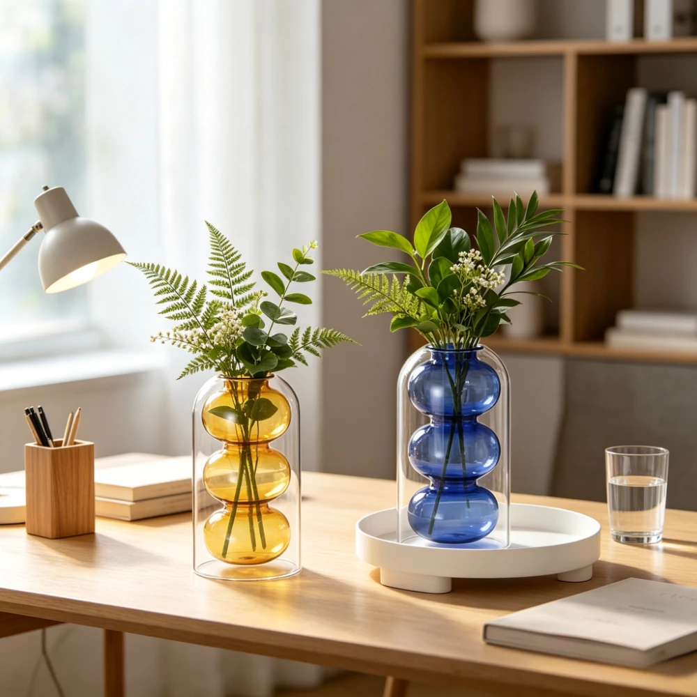 Modern Double‑Layer Glass Flower Vase 3‑Ball Bubble Hydroponic Plant Pot for Wedding Table Decor Home Office Ornament