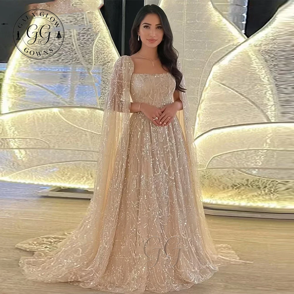 GalaG Luxury Beads Sequines Cape Evening Dresses for Arabic Dubai Saudi Tulle Wedding Guest Dress Shawl Evening Gowns Custom