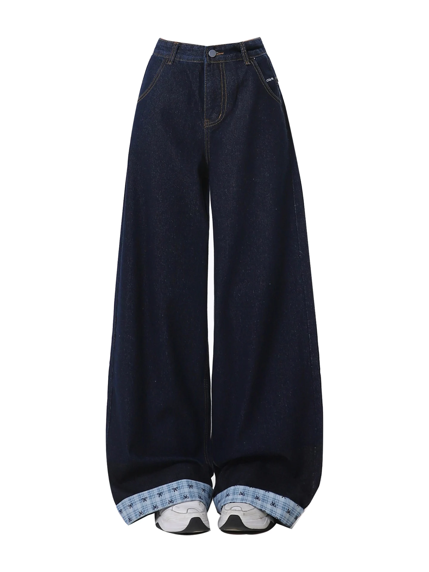 アメリカンレトロカラーブロックチェック柄デニムパンツ レディース 夏新作 ルーズドレープワイドレッグロングパンツ カジュアルハイウエストジーンズ