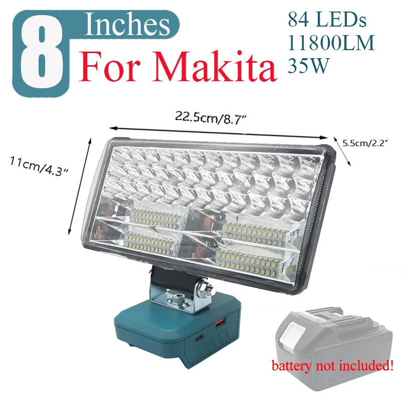

8 Inch LED Working Lights Lamp Flashlight Torch Spotlight Type C USB Power Bank For Makita Lomvum Zhipu Hongsong 18V 20V Battery