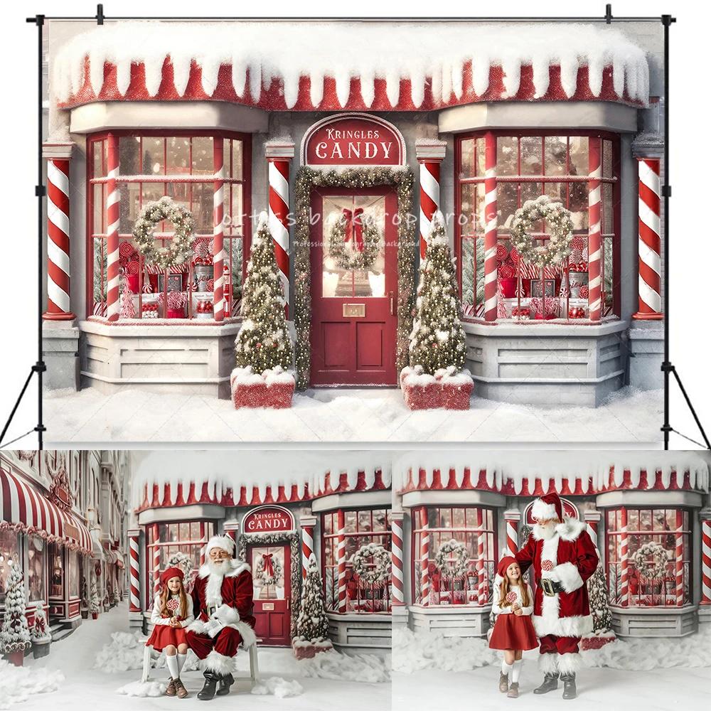 Kringles Candy Store Backdrops Christmas Kids Portrait Props Child Baby Photocall Photostudio Xmas Santa Snowy Street Background