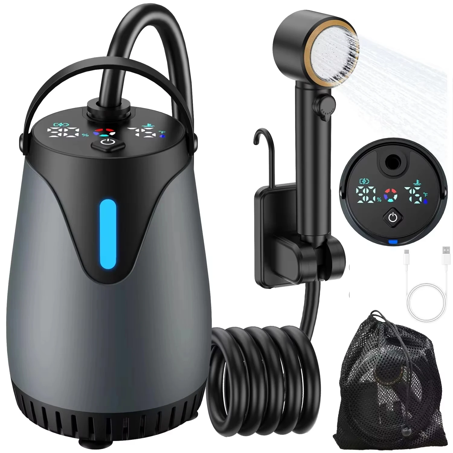 Outdoor Camping Outfit - Tragbare Campingdusche 8000mAh Wiederaufladbare Campingduschpumpe LED-Anzeige