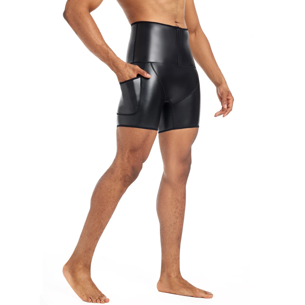 Legal menino estiramento calças de couro falso corpo shaper cintura trainer cintura alta abdômen 3 ganchos compressão shorts de couro com bolsos