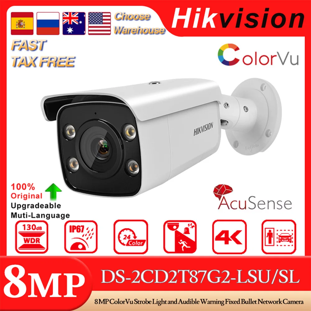 Hikvision Original DS-2CD2T87G2-LSU/SL 8MP 4K ColorVu Strobe Light&Audible Warning Fixed Bullet Network Camera 2-way Audio H265+