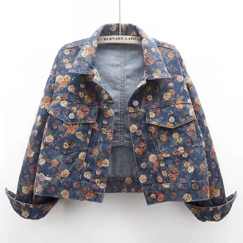 Retro fashion design sense niche print denim jacket women's autumn and winter new loose casual Joker short jacket.