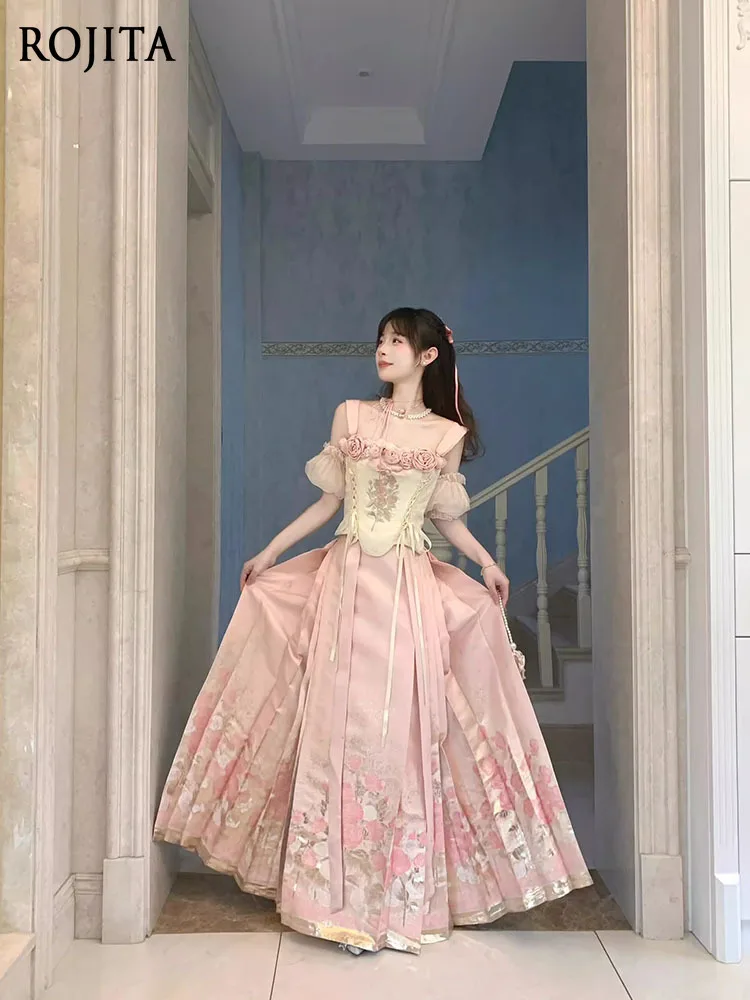 

Chinese Style National Style Improved Ming System Hanfu Han Element Pink Horse Skirt Daily Cos New Year's Clothing Set