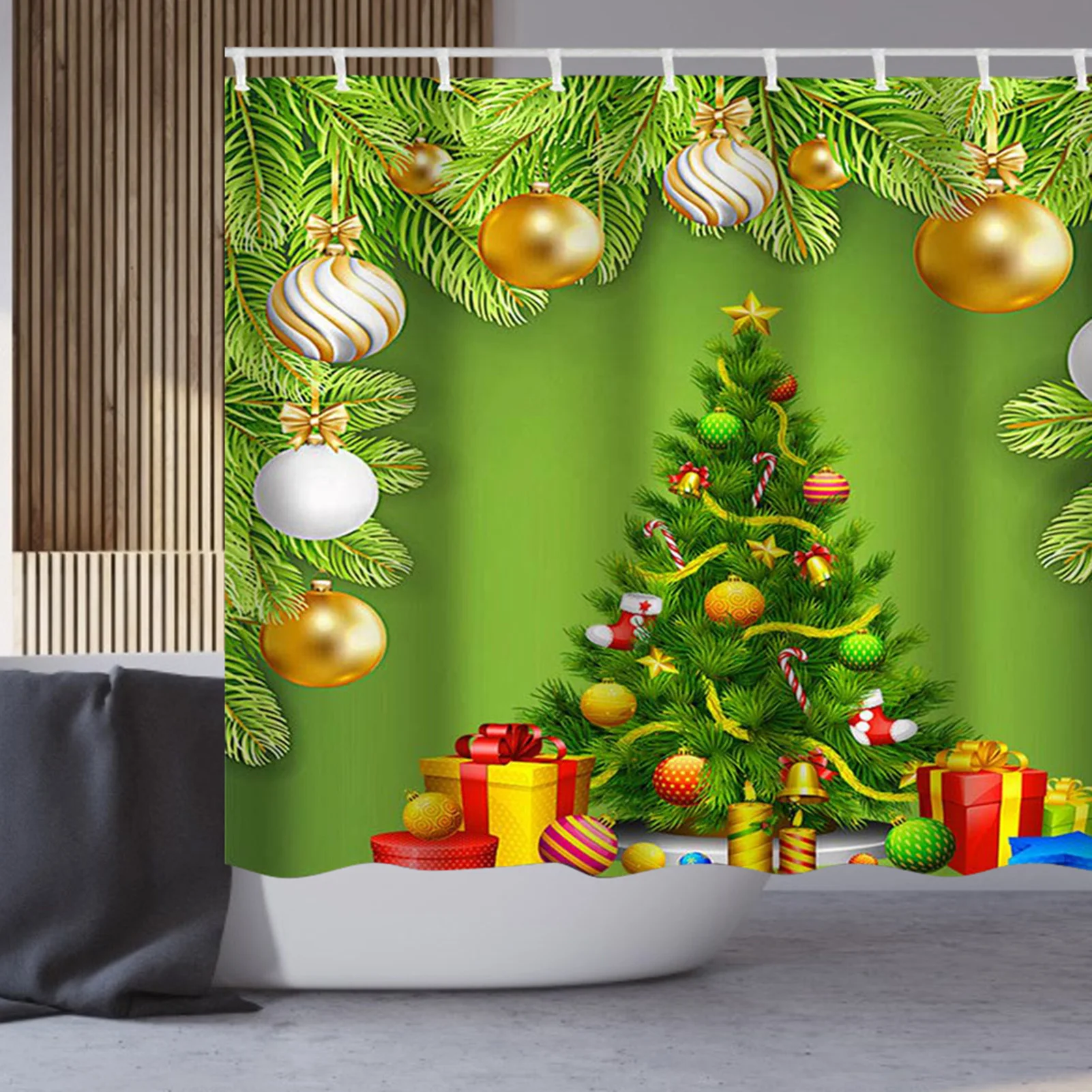 150x180cm Christmas Tree Themed Pattern Waterproof Shower Curtain With Hooks Bathroom Decor