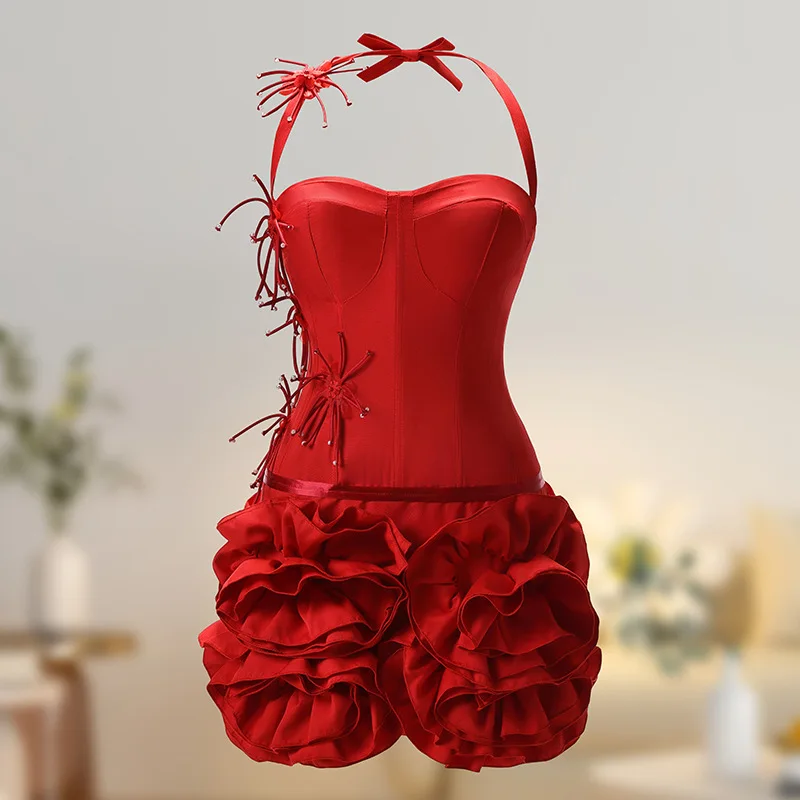 European Strapless Dress, Women's Socialite Birthday Dress, Three-dimensional Rose Fishbone Waist Cinched Fluffy Red Dress