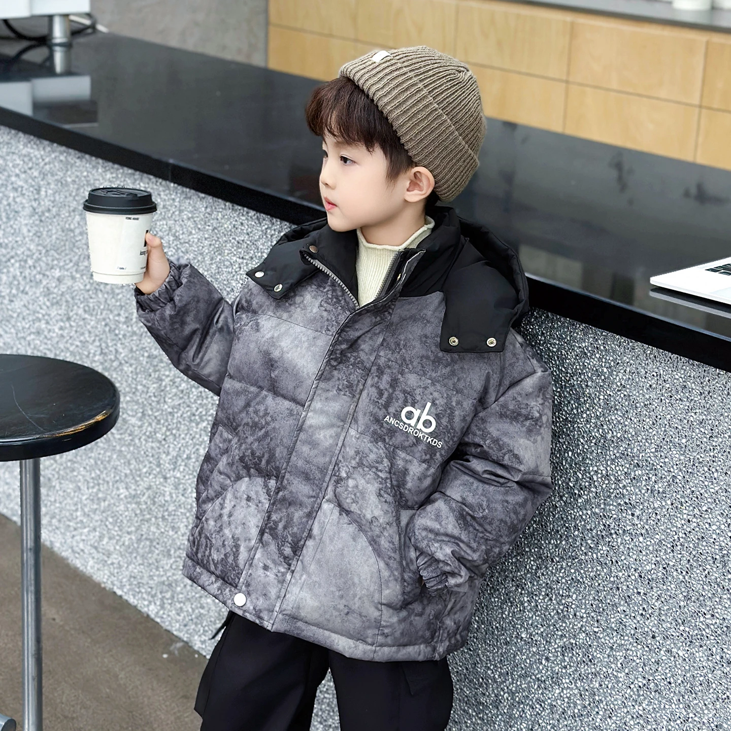 

Thiened down Cotton Jaet for Boys Winter New Sle Tie Dye Bread Sle Baby Cotton Coat Trendy Youth ular Stand Fit