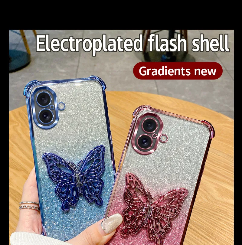 Shockproof Butterfly Holder Phone Case For iPhone 16 15 14 Plus 13 12 11 Pro MAX XS MAX XR X 7 8 Plus SE 2020 2022 Glitter Cover