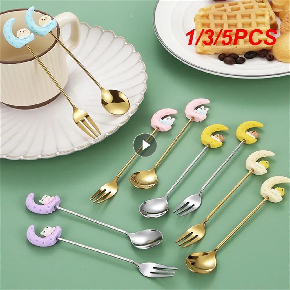 1/3/5PCS Moon Rabbit Spoon Fork Cloth Wheel Light Dessert Cake Fruit Kitchen Tool Cartoon Cute Spoon Fork Cute Dessert Spoon