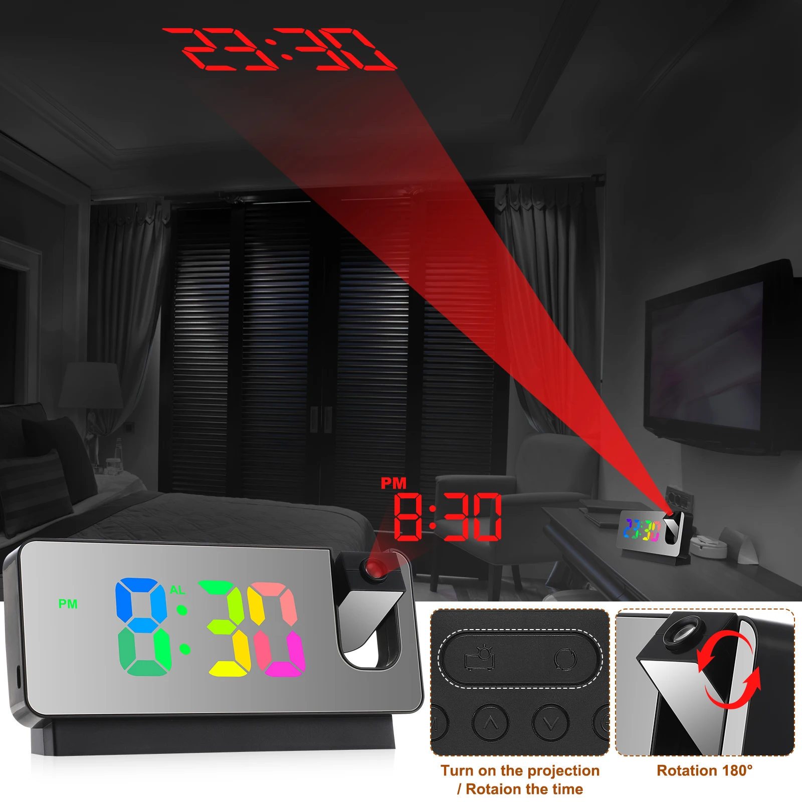 

Digital Clock Alarm Projection Led Silent Movement Real Time Date Temperature Display Wall Ceiling View Bedroom Kid Plastic
