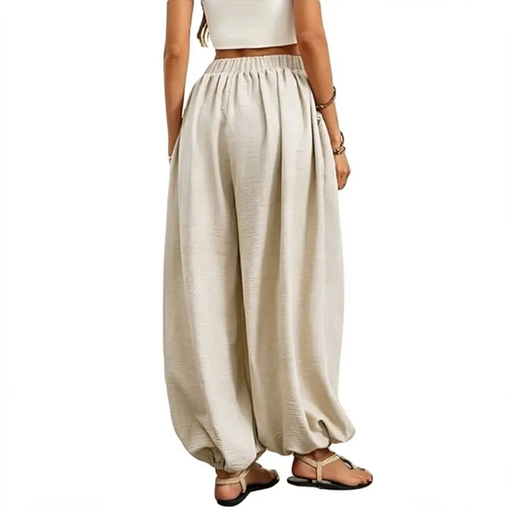 Womens Comfortable Loose Lantern Pants High Waisted Casual Summer Trousers Beach Vacation Soft Breathable Wide Leg Apparel