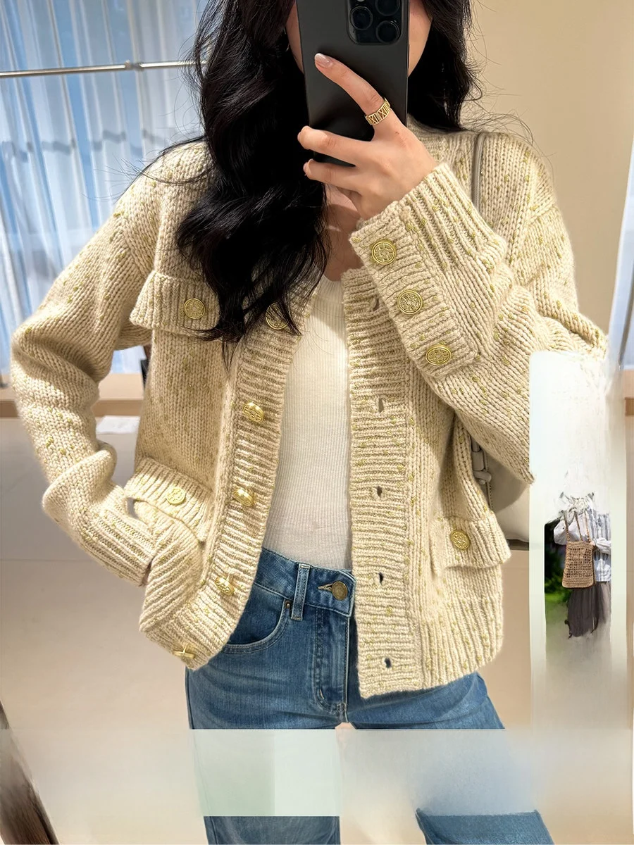 

Xhange Camere Wool Blend Sparkling Flower Pattern Knitted Sweater Set Women's Casual Commute Sle Long Sve ort Length