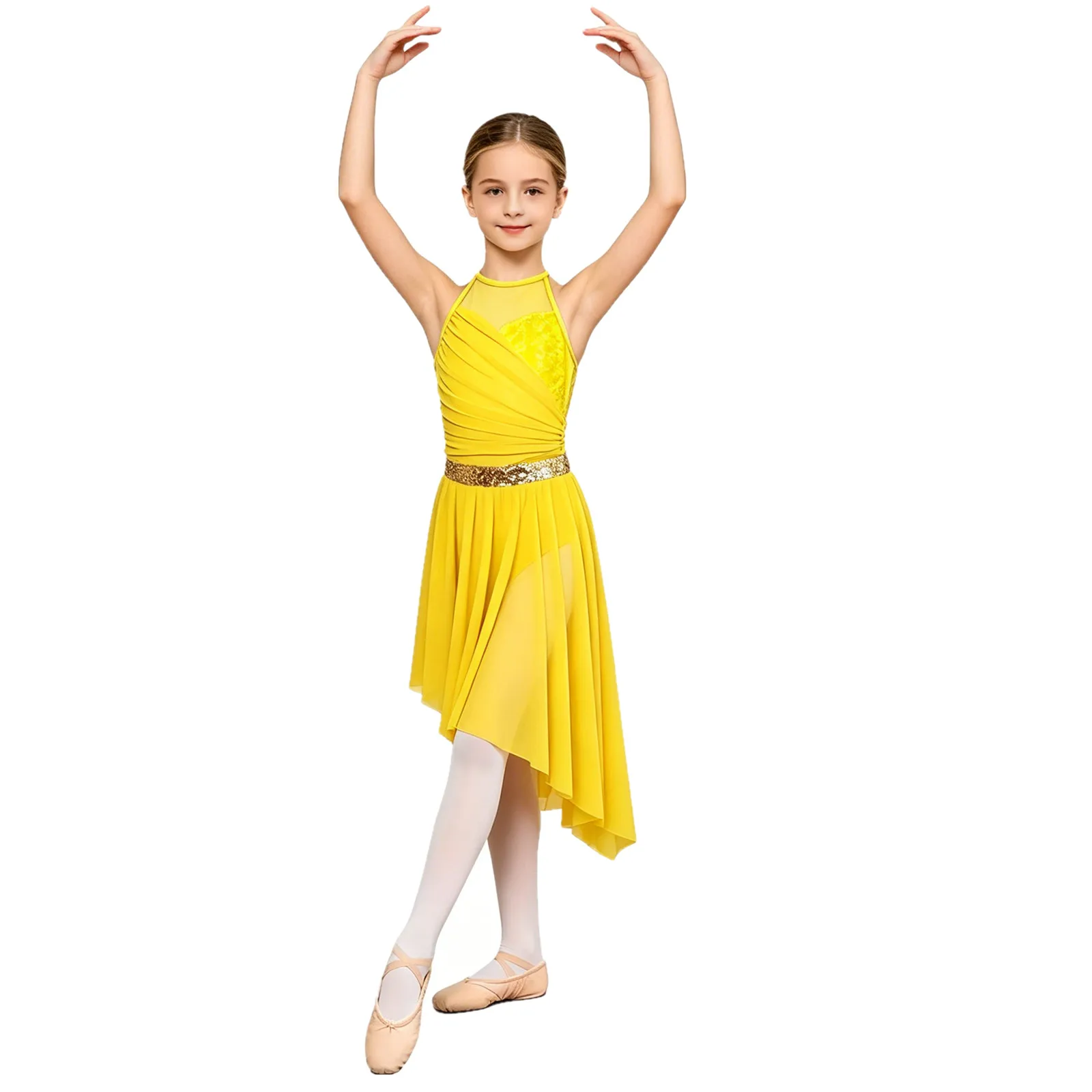 

Kids Girls Metallic Shiny Sequin Mesh Modern Lyrical Dance Leotard Dress for Worship Choir Praise Acrobatics Gymnastics Skating