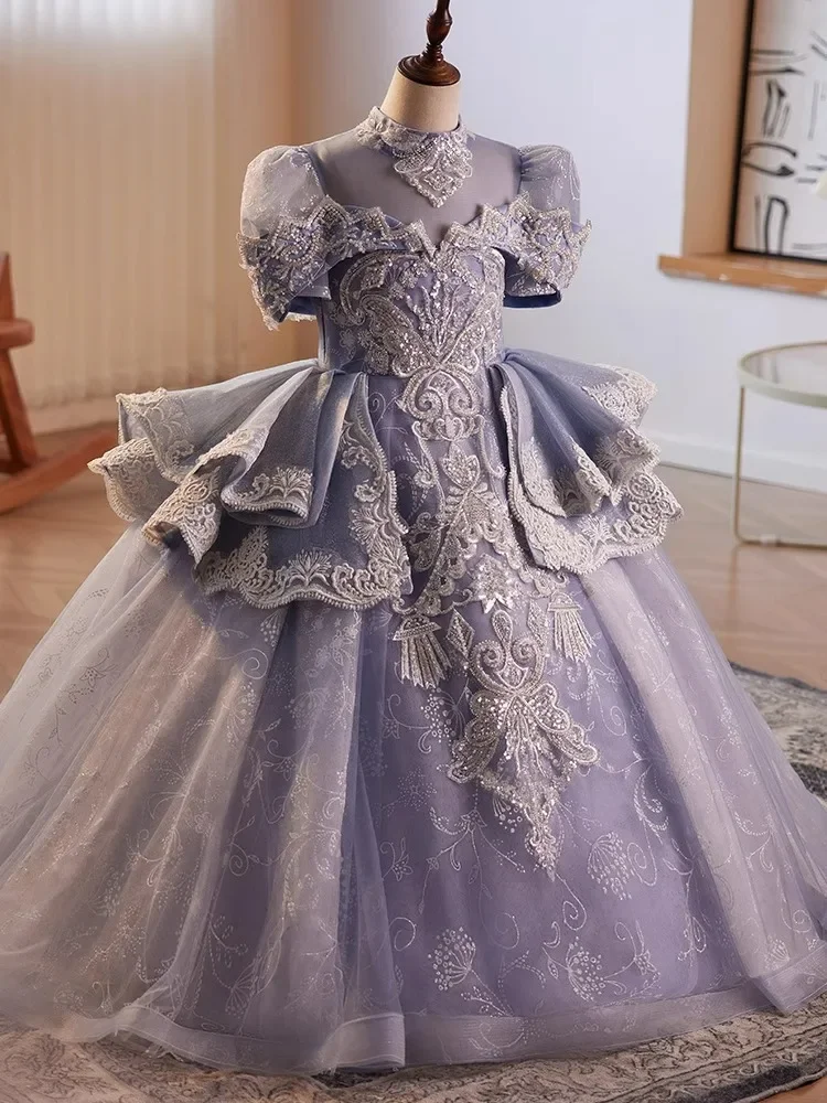 Customized High End Ball Gown Baby Flower Girl Dresses Appliques O Neck Children Princess Prom Show Birthday Party Gowns
