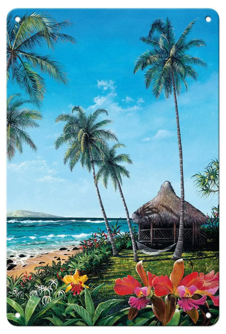 ZMKDLL Maui Morning Hawaiian Paradise Ocean View Metal Tin Sign