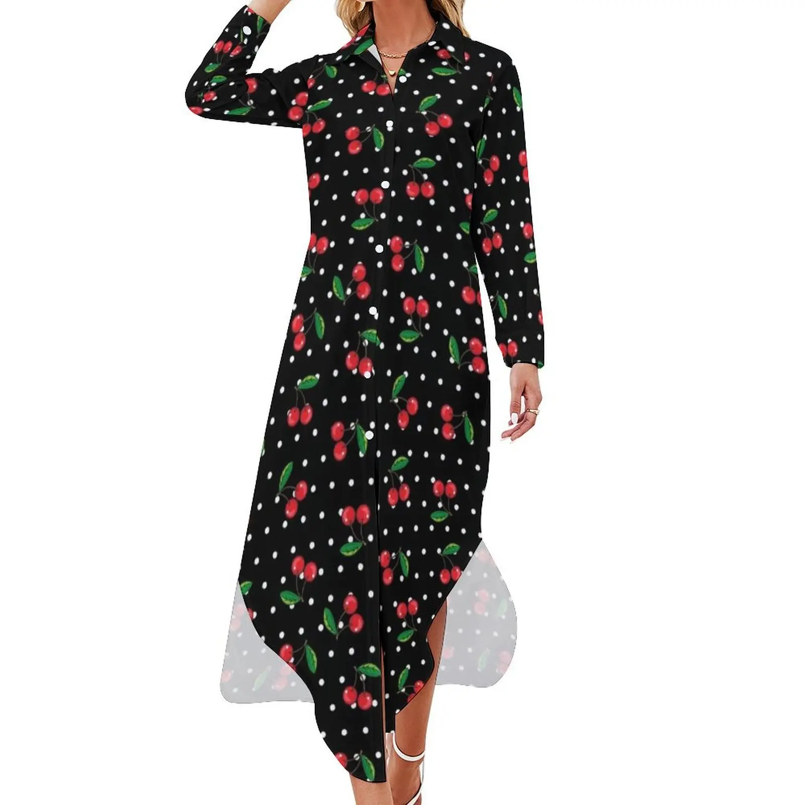 

Red Cherries and Polka Dots Rockabilly Pattern Long Sleeved Shirt Dress prom dress womens clothing woman dress