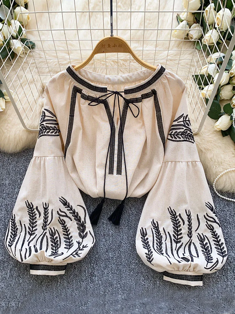 Women Bohemian-style Blouse Embroidered Lantern Sleeve Loose Early Spring Shirt Relaxed Fit Flattering Vintage-Design Top BL330