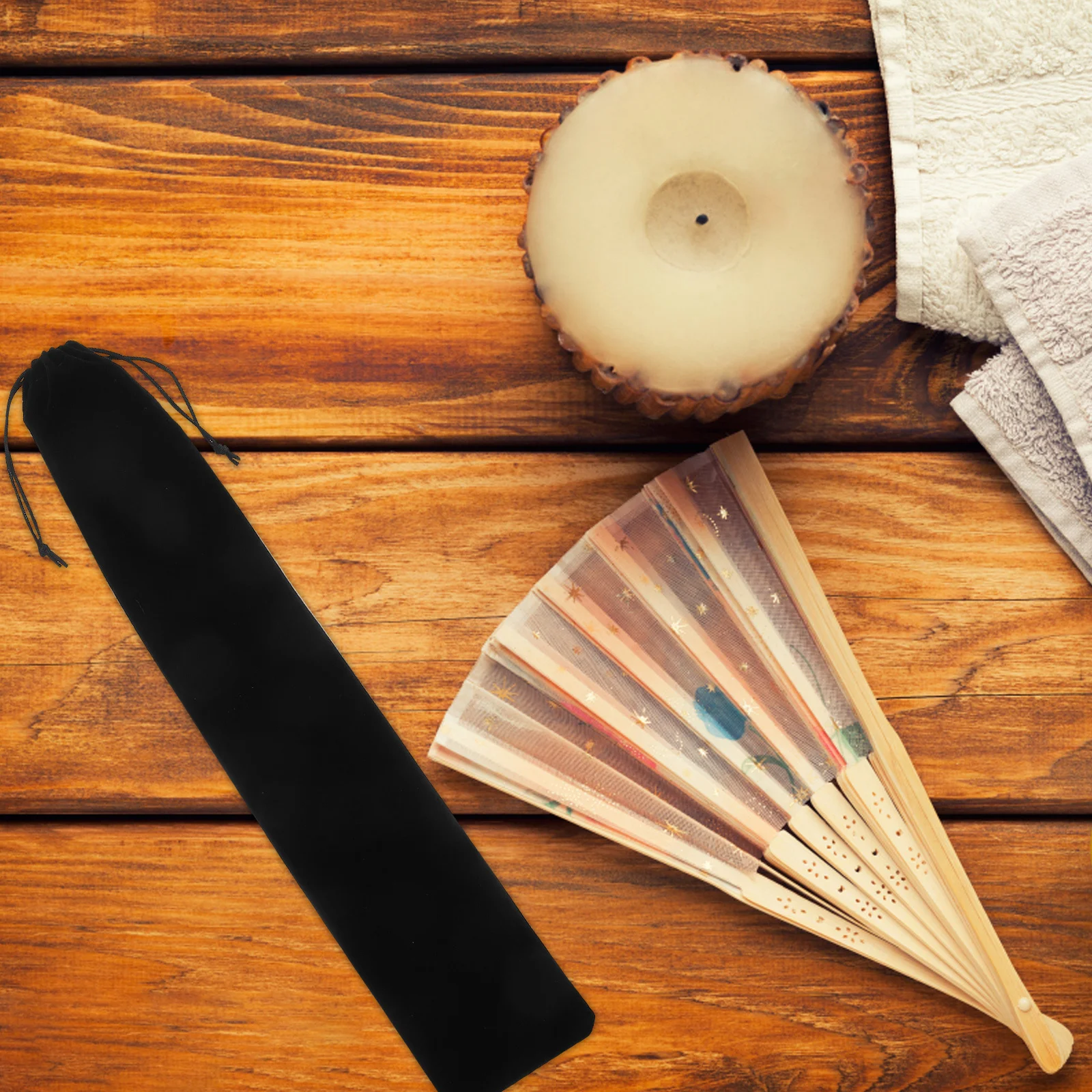 Sac de rangement pour éventail à main, 2 pièces, pochette pliable en flanelle, poche à cordon, housse de protection, organisateur d'articles de petite taille, sac de sport