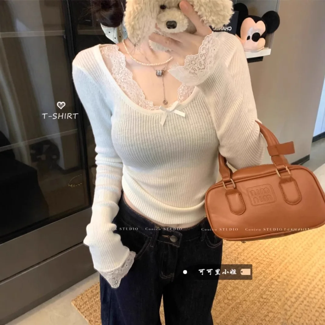 

Slim Fit Base Knitted Sweater for Women Versatile 2025 New Winter Style Reduced Age Bow Solid Color Pink Interior Long Sleev