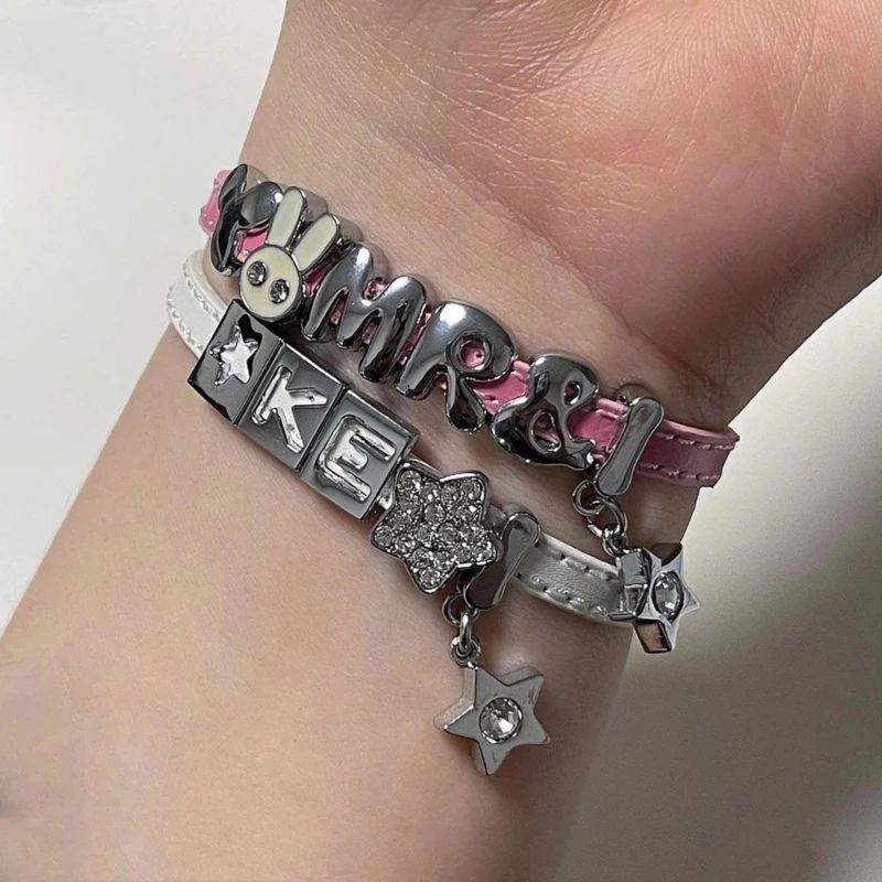 Punk Subculture Diamands Star Letter Wide Bracelets Simple Vintage Casual All-matched Accessories Vacation Jewelry