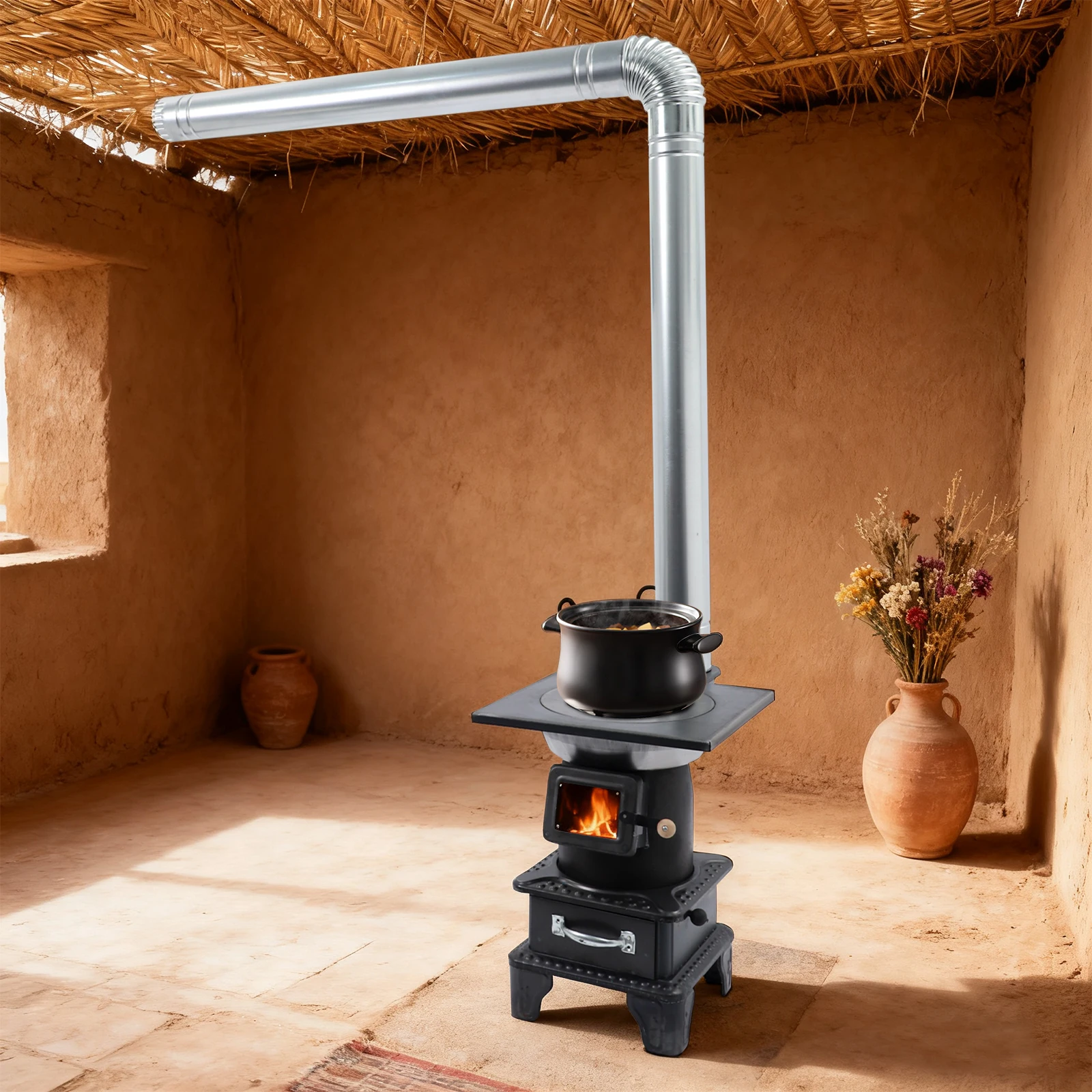 

Wood Burning Stove Small Steel Wood Stove Heater with Spark Screen & 6m Chimney Pipe Portable Outdoor Camping BBQ Grill