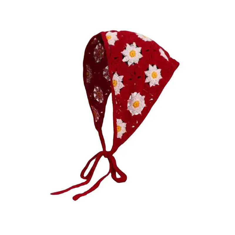 Pañuelo triangular coreano con flores dulces para mujer, diadema hueca de ganchillo, toalla para niña, accesorio para fotografía literaria de viaje, bufanda para el cabello ﻿