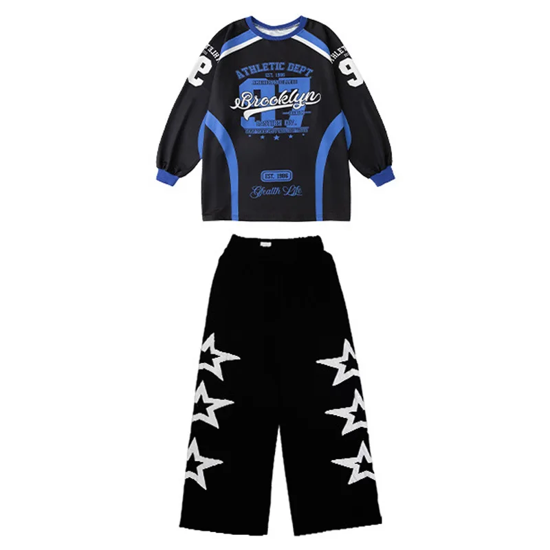 Street Dance Broek Jongens Hip Hop Jeans Kleding Sets Kinderen Jazz Kostuum Meisjes K-pop Blauw-Zwart Contrast Sweatshirt