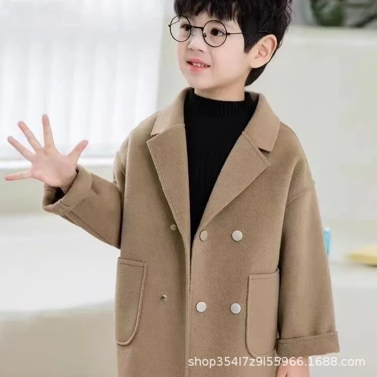 

100-150 Boys' Woolen Coat 2025 Spring and Autumn New Style for Children's Babies, Stylish Double-sided Nylon