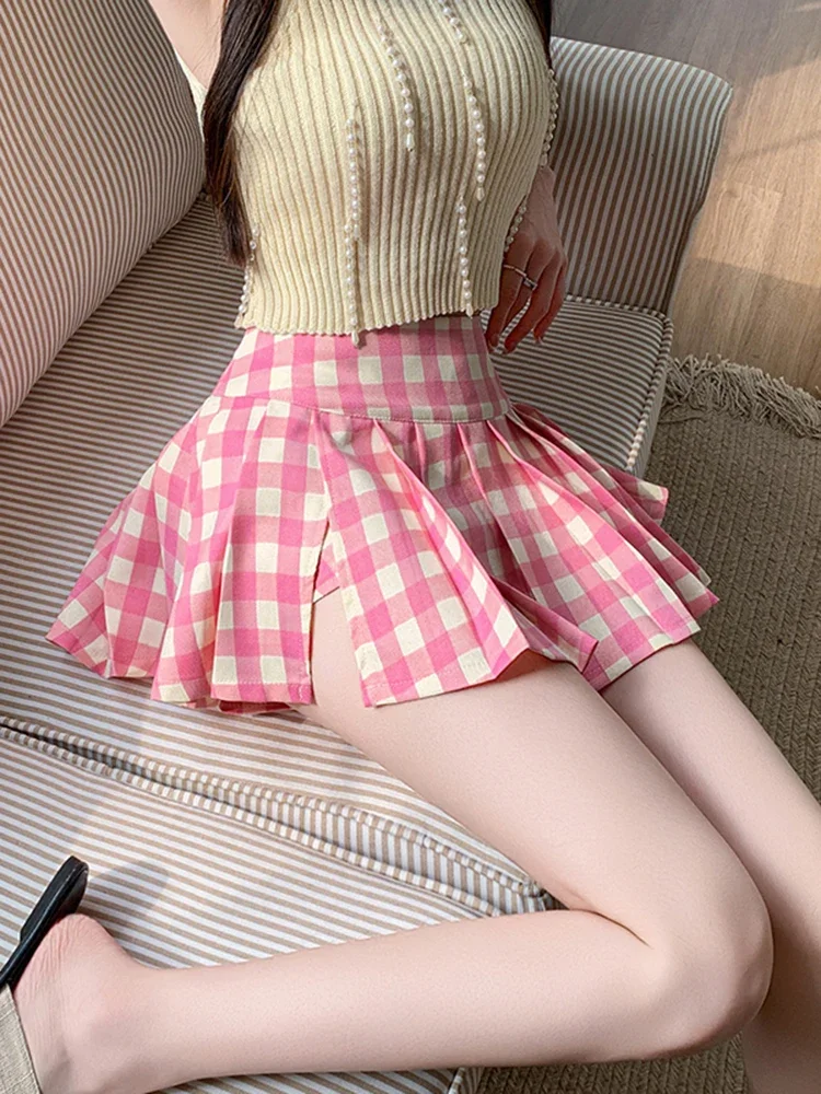 Jupe courte plissée à carreaux rétro pour femmes, taille haute, douce et Sexy, fendue, danse scolaire, Mini jupes pour filles
