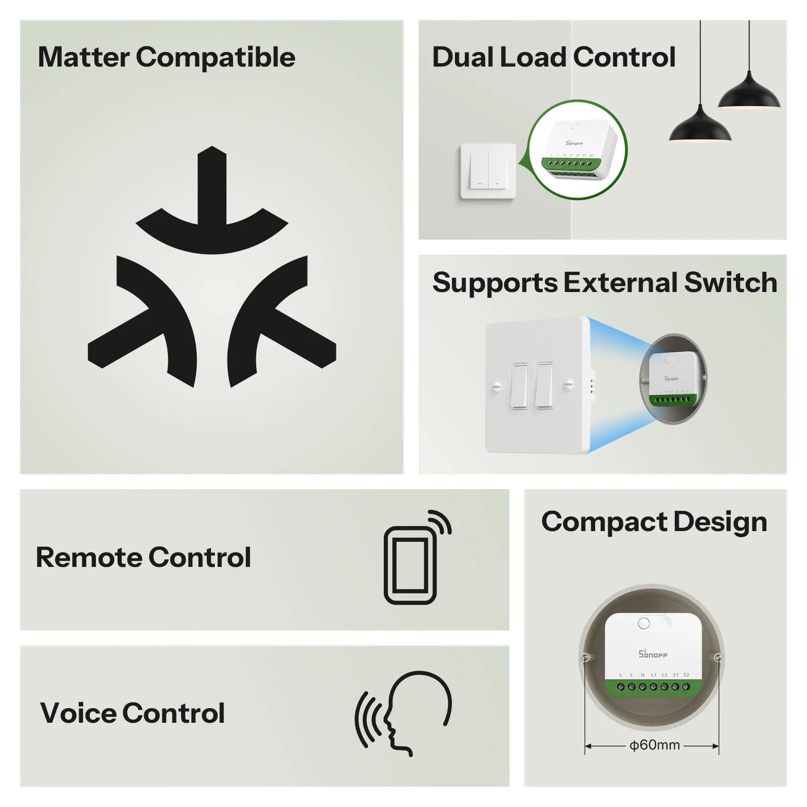 SONOFF MINI DUO 2-Gang Matter Over WiFi Smart Switch MINI-2GS Dual-Load Control Detach Relay Mode Works with Alexa Google Home