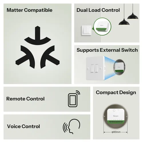 Imagen 2 del producto SONOFF MINI DUO 2-Gang Matter Over WiFi interruptor inteligente MINI-2GS Control de doble carga modo de relé de separación funciona con Alexa Google Home
