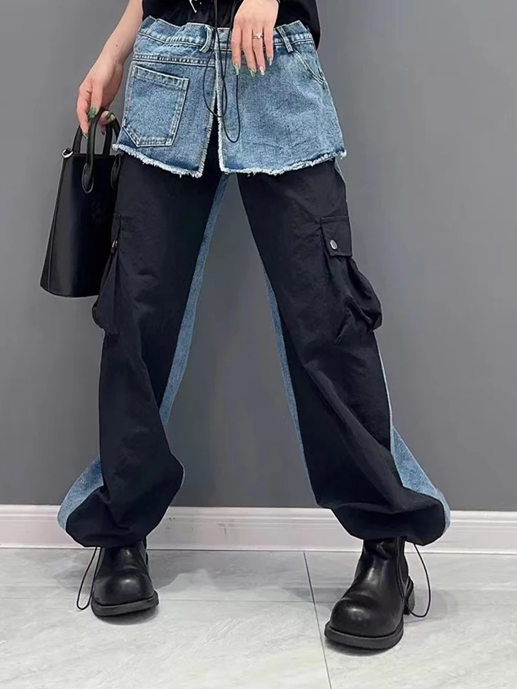 [EAM] High Waist Black Color-block Denim Burr Wide Leg Jeans New Women Trousers Fashion Tide Spring Autumn 2024 7AB3756