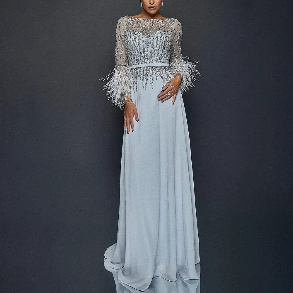 

Gorgeous O-Neck Long Sleeves Evening Dresses Luxury Beads Sequined A-Line Party Gowns Fashion Floor Length Women Prom Dresses