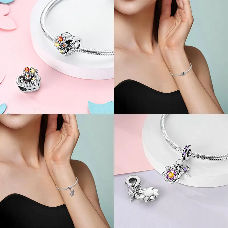 Flower Charms 925 Silver Plated Pink Tulip Lotus Rose Carnation Bead Pendant Fit DIY Original Bracelet Bag Women Jewelry Gift