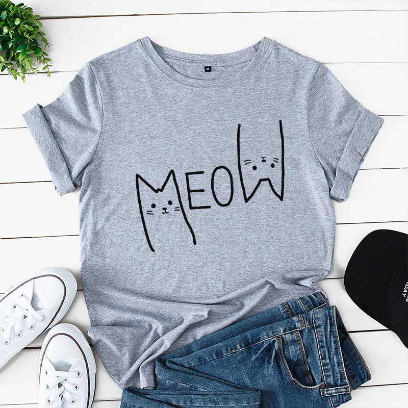 Cute Meow Cat Women T Shirt Summer Cartoon Funny Animal T-Shirt Harajuku Kawaii Clothes Fashion Tee Tops Shirt Streetwear