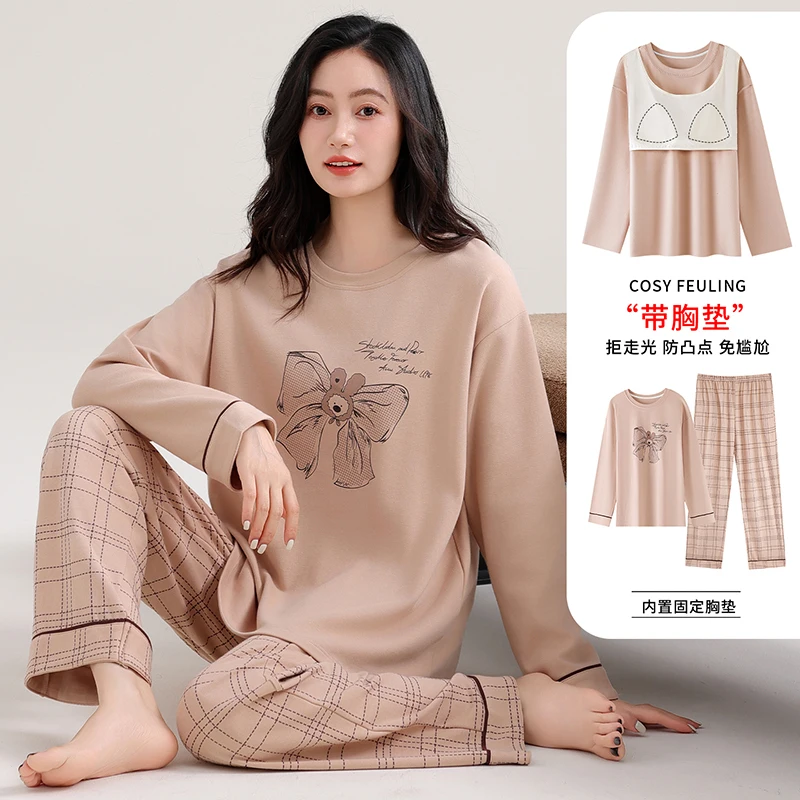 

High Quality Spring and Autumn 100% Cotton Pyjamas Female Long Sleeve Casual Sleepwear With Chest Pad