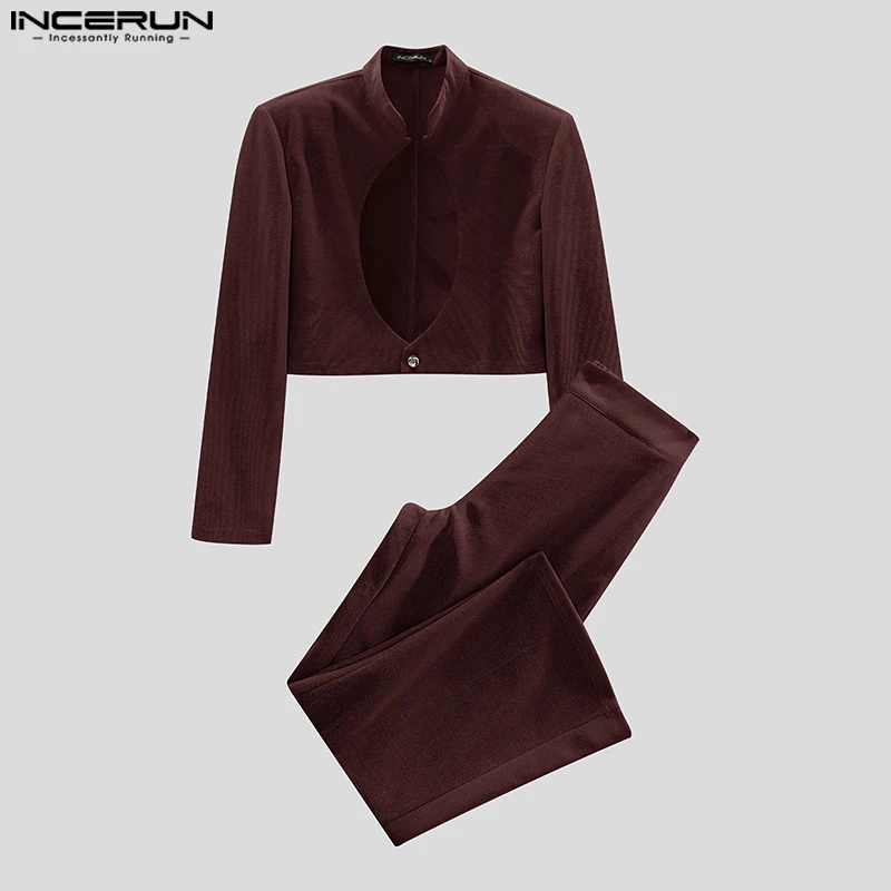 

INCERUN мужские комплекты однотонные блестящие укороченные куртки и брюки с длинными рукавами из 2 предметов элегантная уличная одежда модные мужские повседневные костюмы 2025