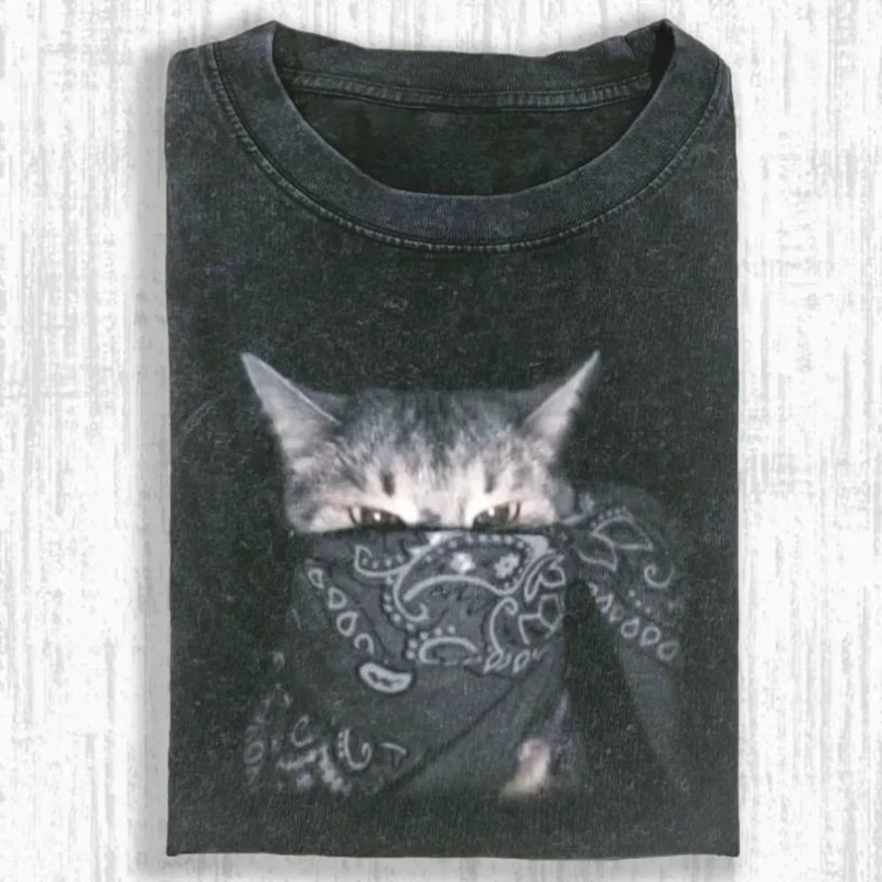 Men Bandana Mask Cat Graphic T Shirt Washed Loose Oversized Short Sleeve Tee Casual Streetwear Unisex Cool Pet Animal Print Tops