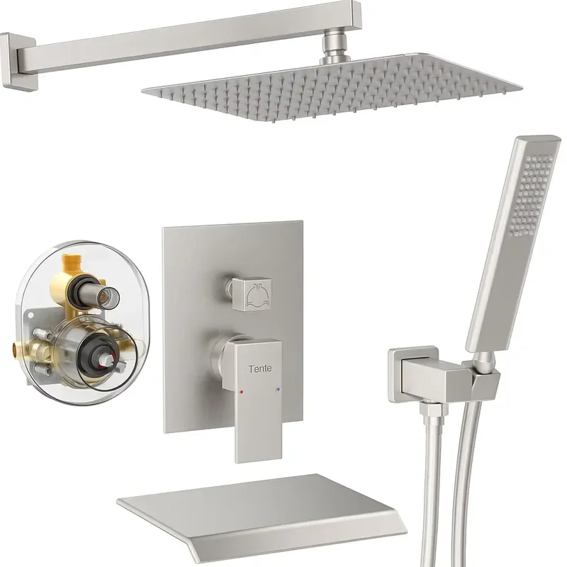 US Local Stock Matte Black 12-Inch Alloy Rain Shower Head System Handheld Sprayer Wall-Mounted Thermostatic Faucet Set