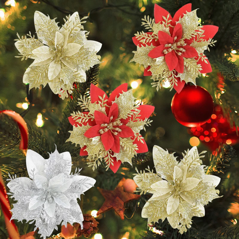 5pcs Christmas Decoration 14cm Glitter Artificial Flower Head For Christmas Tree Ornament Fake Flower DIY Wedding Birthday Decor