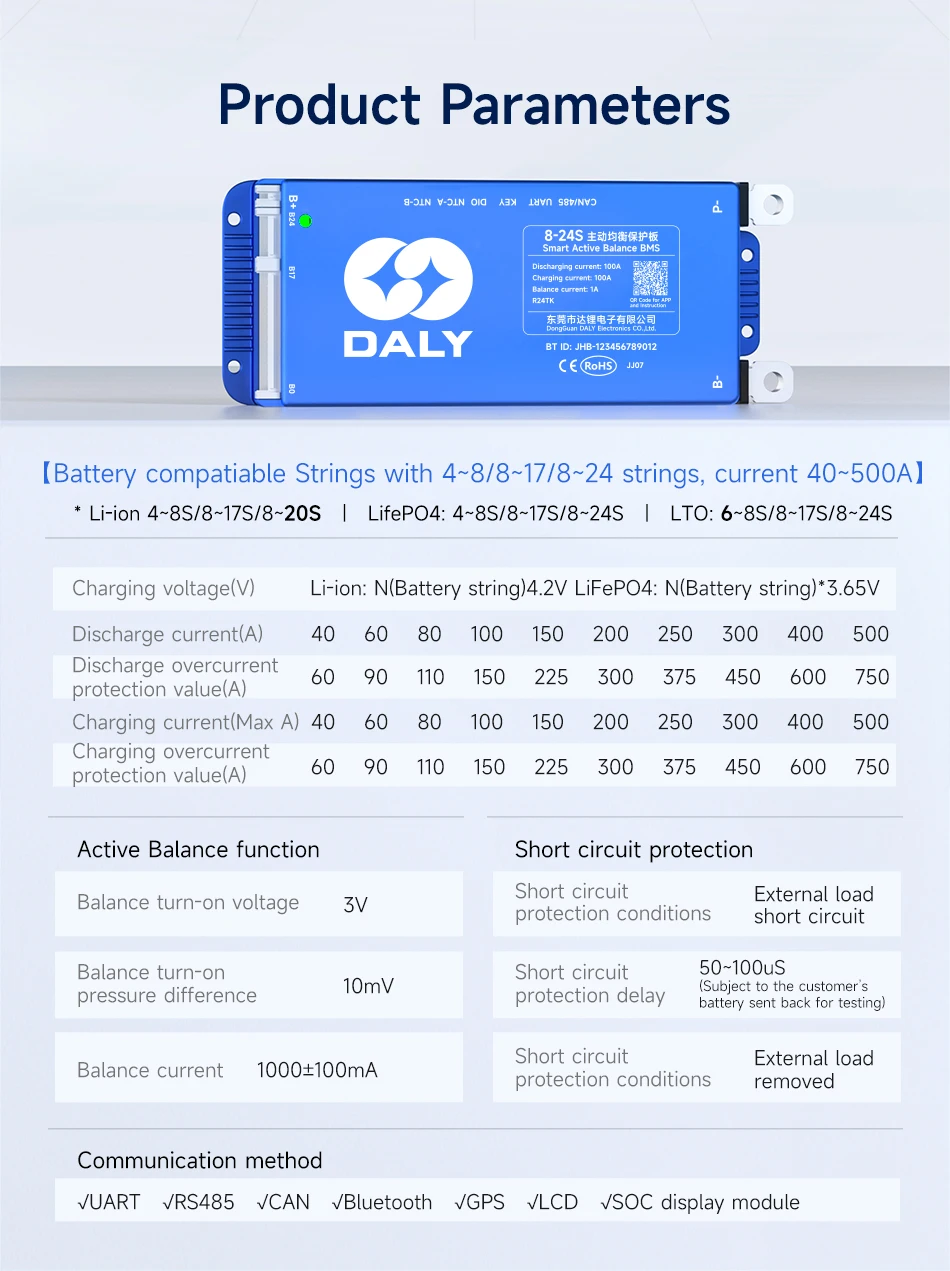 DALY 8-24s100A bms WIFI LCD 4-8s 8s-17s 40A 60A 80A bilanciamento attivo BMS intelligente per batteria Li-Ion lifepo4 LTO