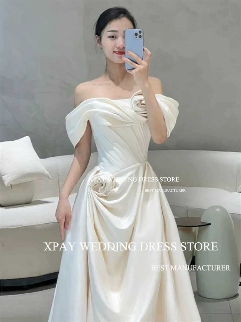 Xpay klassische Korea Satin Brautkleider 3d Blumen Falten Brautkleid Fotos schießen Korsett rücken frei einzigartige elegante Braut Kleid