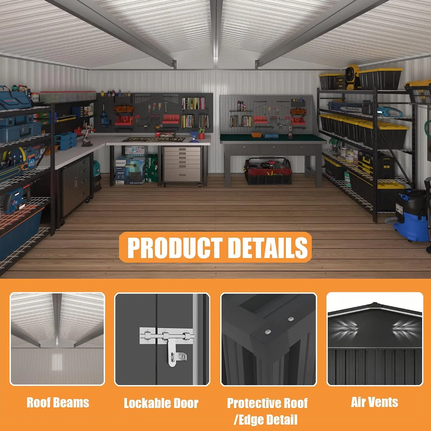 14x12 FT Outdoor Storage Shed, Metal Garden Shed with Lockable Door & Sloped Roof, Large Waterproof Utility Tool Shed, Custom image 3
