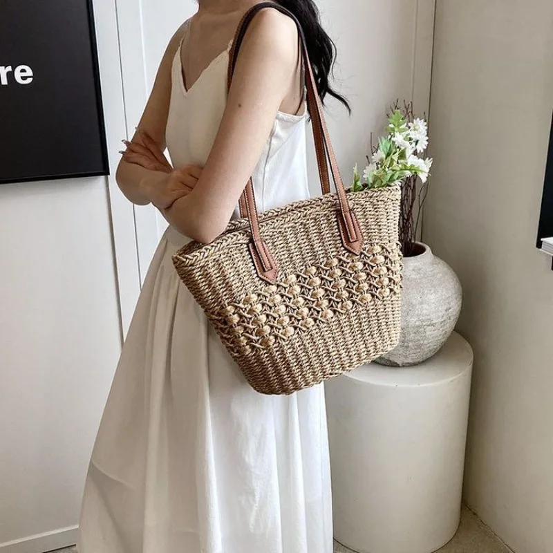 

Light Luxury Woven Handbag with Large Capacity Suitable for Beach Vacation Daily Shopping Party Storage Bag Home Storage